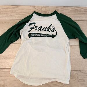 VINTAGE Frank's Supermarket Raglan Baseball Tee - Forest Green & White